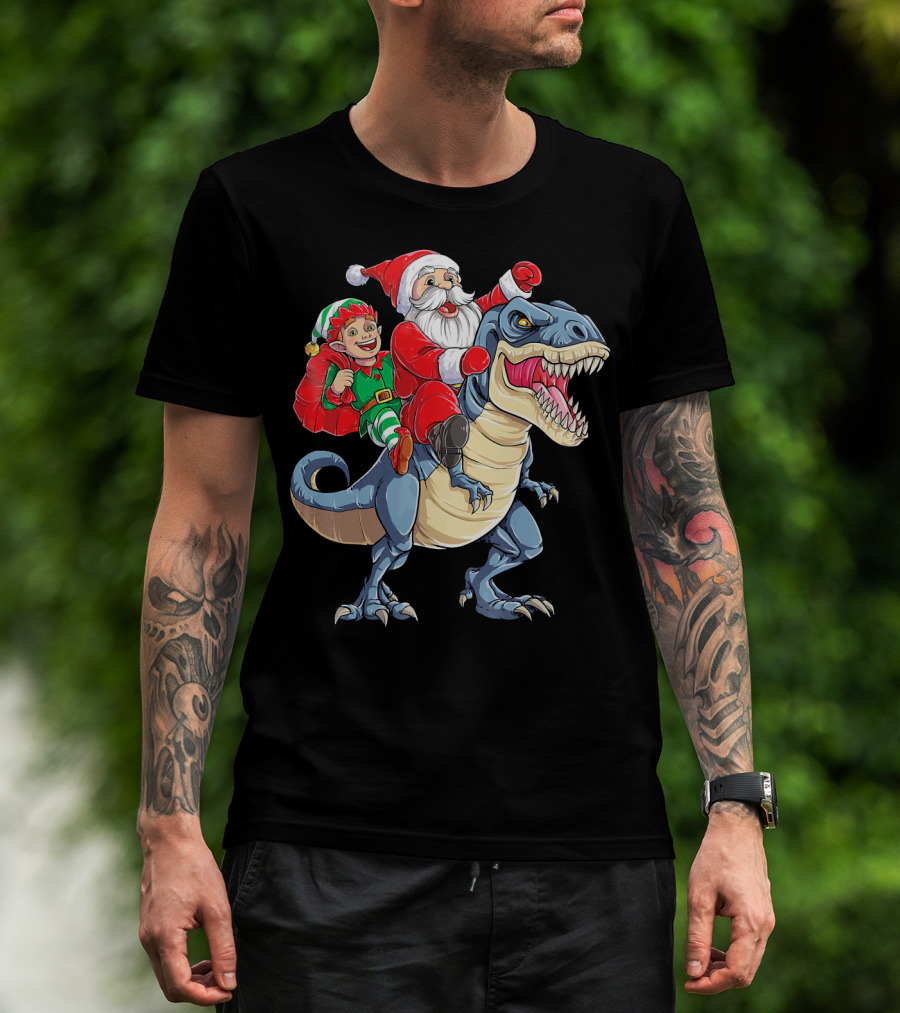 Santa Elf Riding Dinosaur Christmas Boys T-Shirt