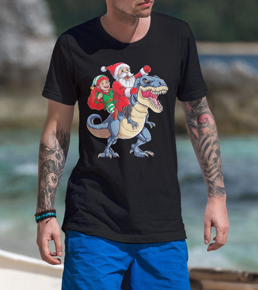 Santa Elf Riding Dinosaur Christmas Boys T-Shirt