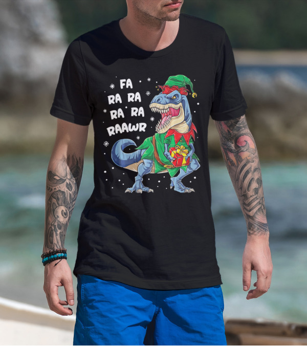 Fa Ra Ra Ra Ra Rawr Dinosaur Christmas Elf With Gift T-Shirt