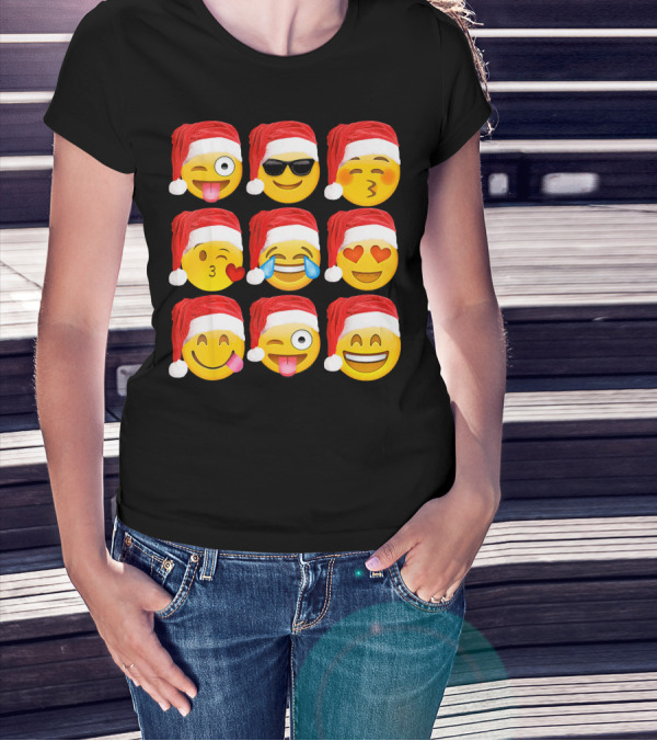 Emoji Christmas Santa Hats Heart Eyes Kiss Faces T-Shirt