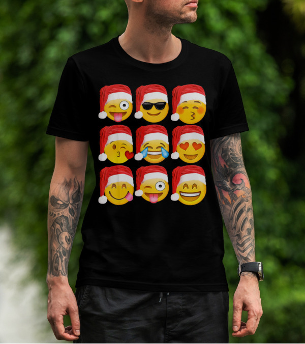 Emoji Christmas Santa Hats Heart Eyes Kiss Faces T-Shirt