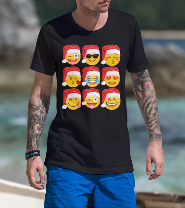 Emoji Christmas Santa Hats Heart Eyes Kiss Faces T-Shirt