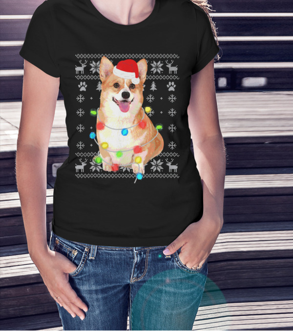 Corgi UglyStyle Christmas Lights Snowflakes Reindeer Dog T-Shirt