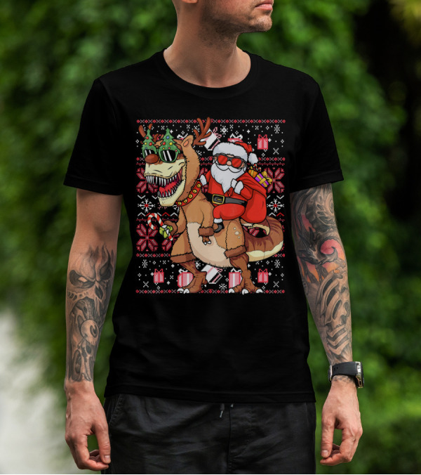 Santa Riding Trex Dinosaur Ugly Christmas T-Shirt