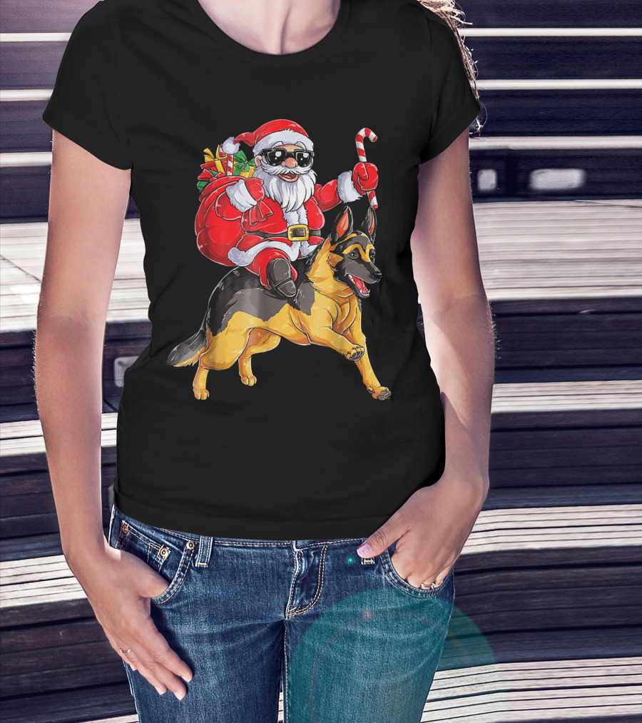 Santa Claus Riding German Shepherd With Candy Cane And Gifts T-Shirt
