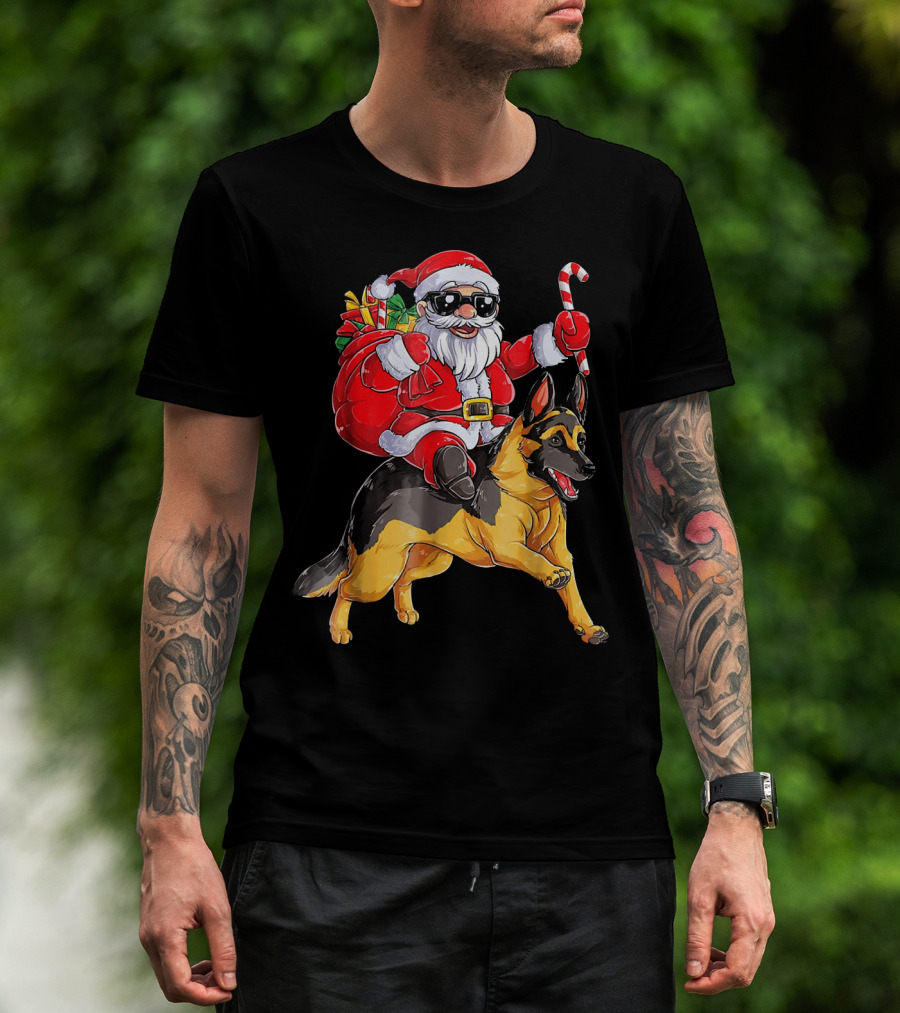 Santa Claus Riding German Shepherd With Candy Cane And Gifts T-Shirt