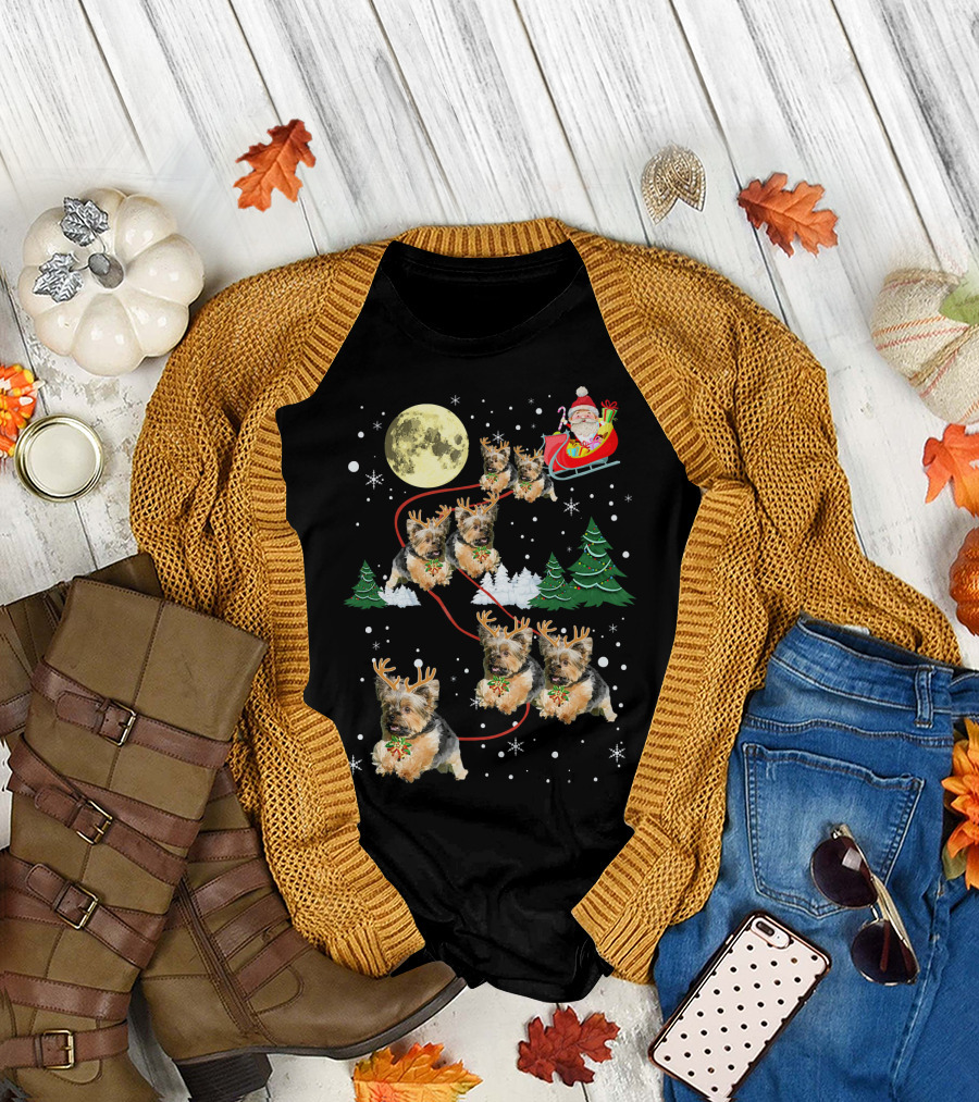 Funny Yorkie Christmas Santa Sleigh with Reindeer Puppies T-Shirt