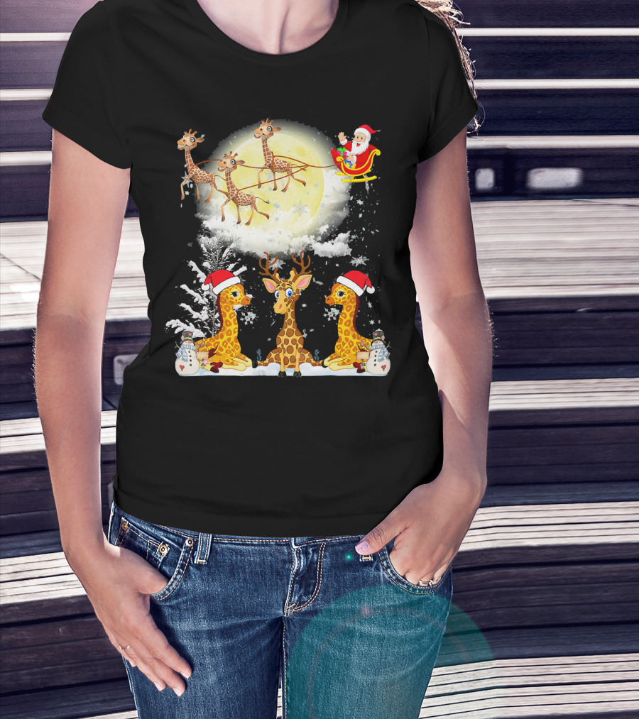 Santa's Sleigh Giraffes Christmas Moon Snowy Night Scene T-Shirt