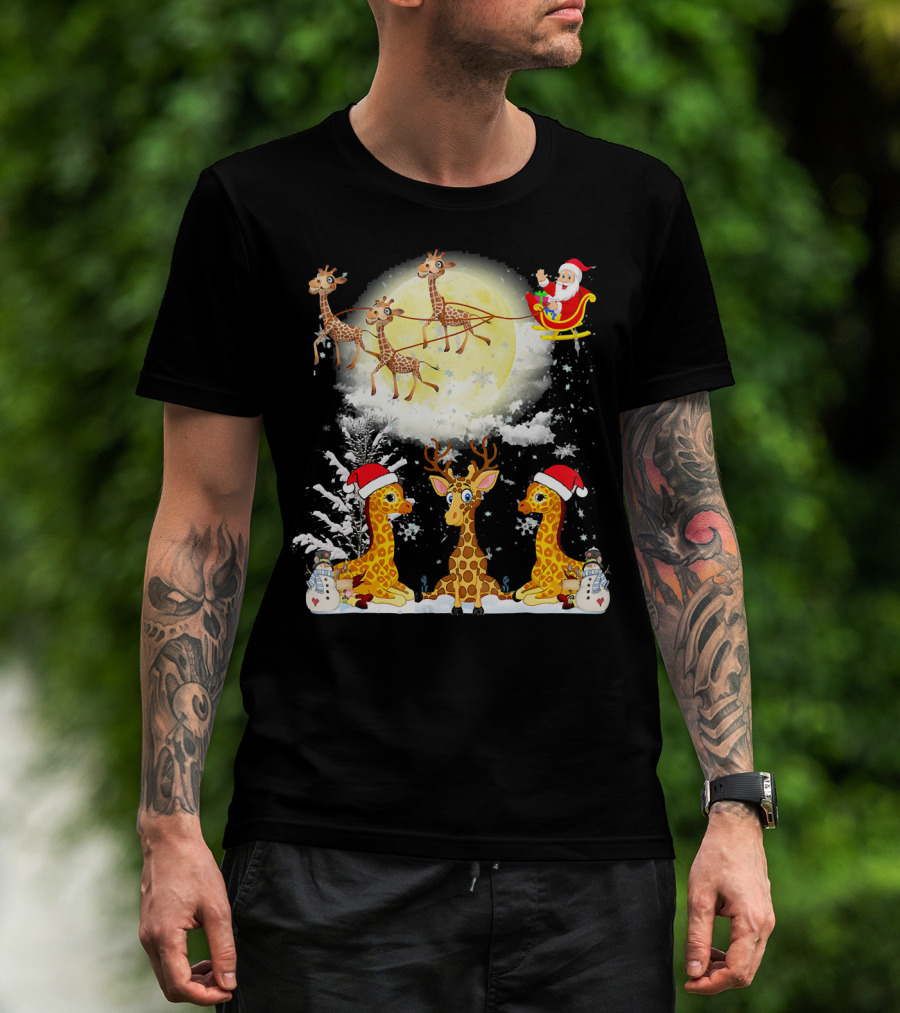 Santa's Sleigh Giraffes Christmas Moon Snowy Night Scene T-Shirt