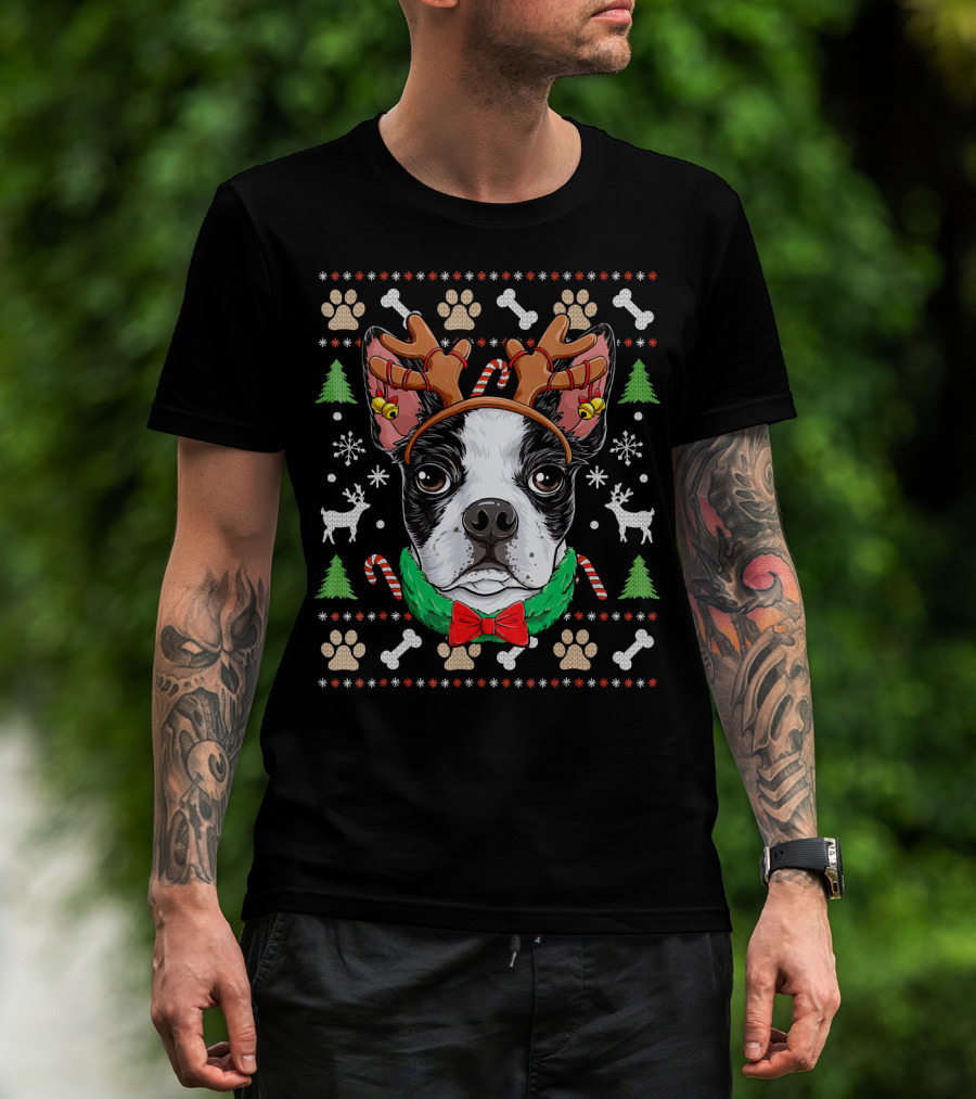 Boston Terrier Christmas Reindeer Antlers Candy Canes Snowflakes Paw Prints T-Shirt