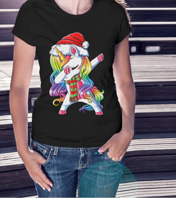 Dabbing Unicorn In Santa Hat With Rainbow Mane And Scarf For Christmas Girls T-Shirt