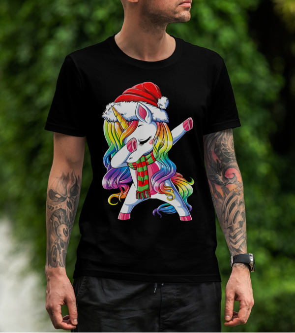 Dabbing Unicorn In Santa Hat With Rainbow Mane And Scarf For Christmas Girls T-Shirt