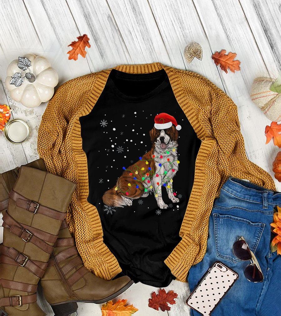 Bernard Dog Christmas Lights Santa Hat Snowflakes T-Shirt