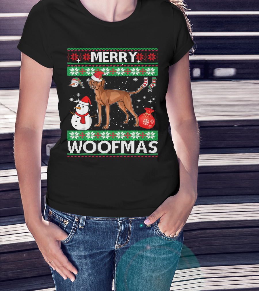 Merry Woofmas Vizsla Dog Festive Snowman Santa Hat T-Shirt