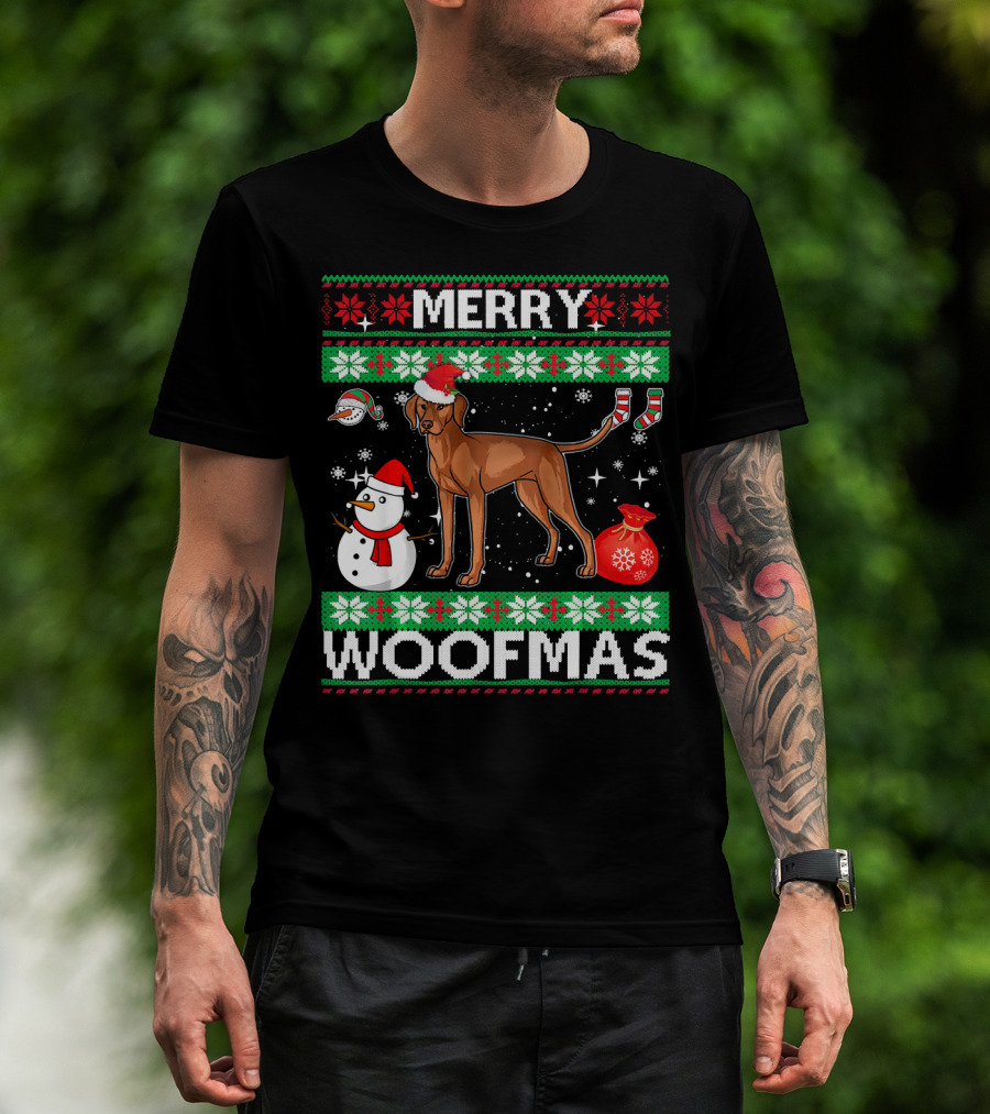 Merry Woofmas Vizsla Dog Festive Snowman Santa Hat T-Shirt