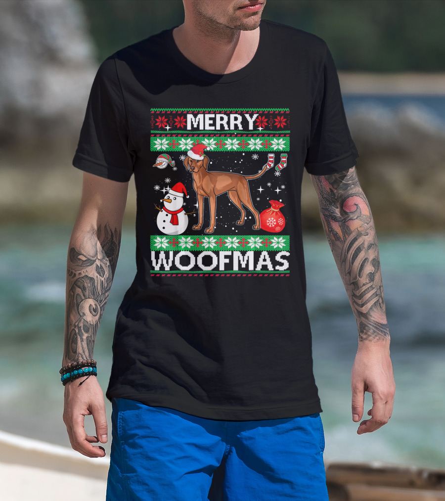 Merry Woofmas Vizsla Dog Festive Snowman Santa Hat T-Shirt