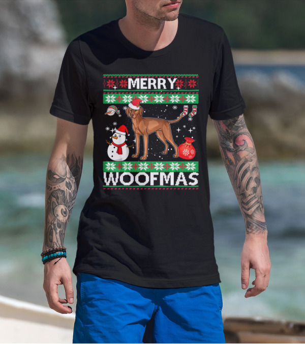 Merry Woofmas Vizsla Dog Festive Snowman Santa Hat T-Shirt
