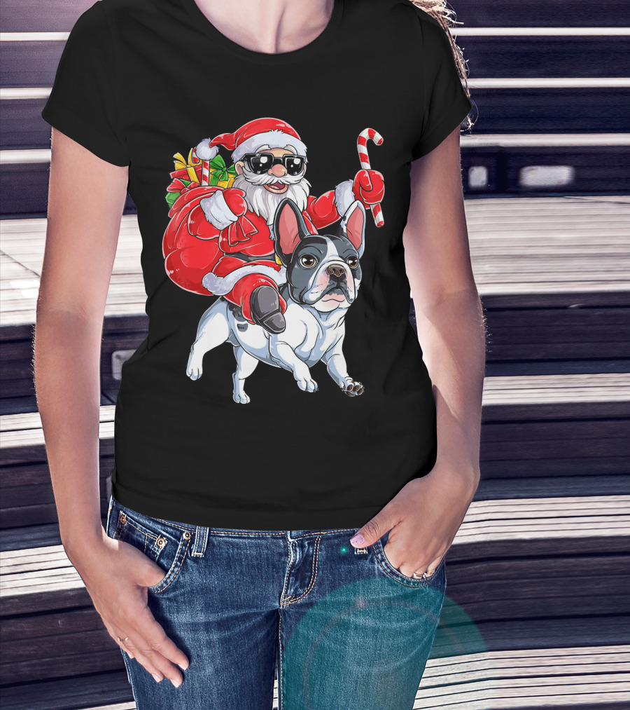 French Bulldog Christmas Santa Claus Cane Sleigh T-Shirt