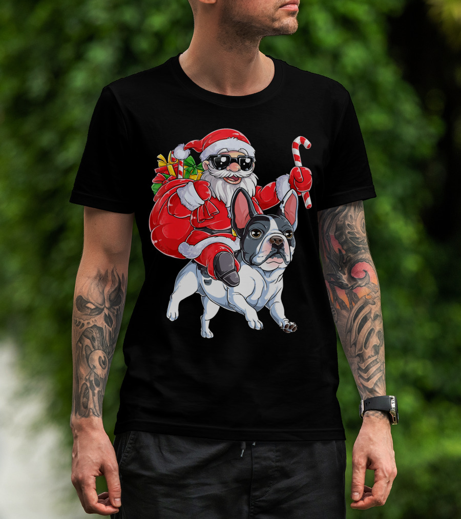 French Bulldog Christmas Santa Claus Cane Sleigh T-Shirt