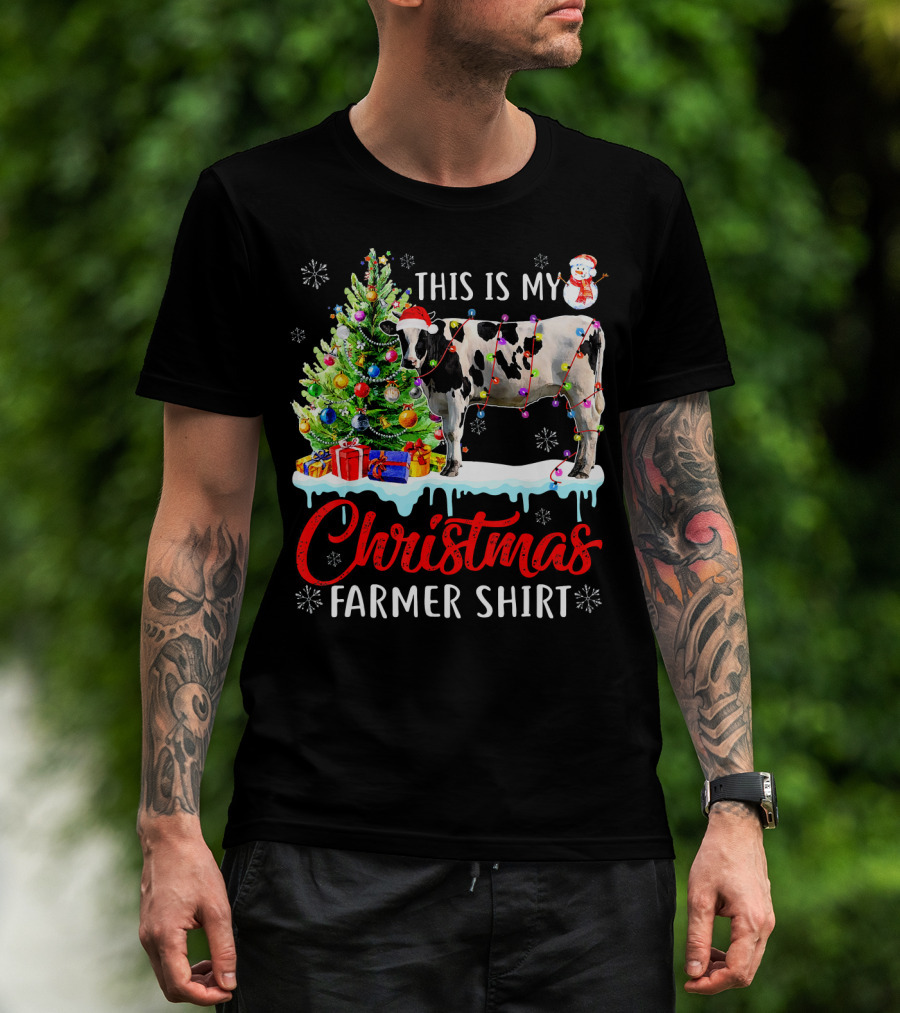 This Is My Christmas Farmer Shirt Cow Santa Hat Snowman Lights Tree T-Shirt