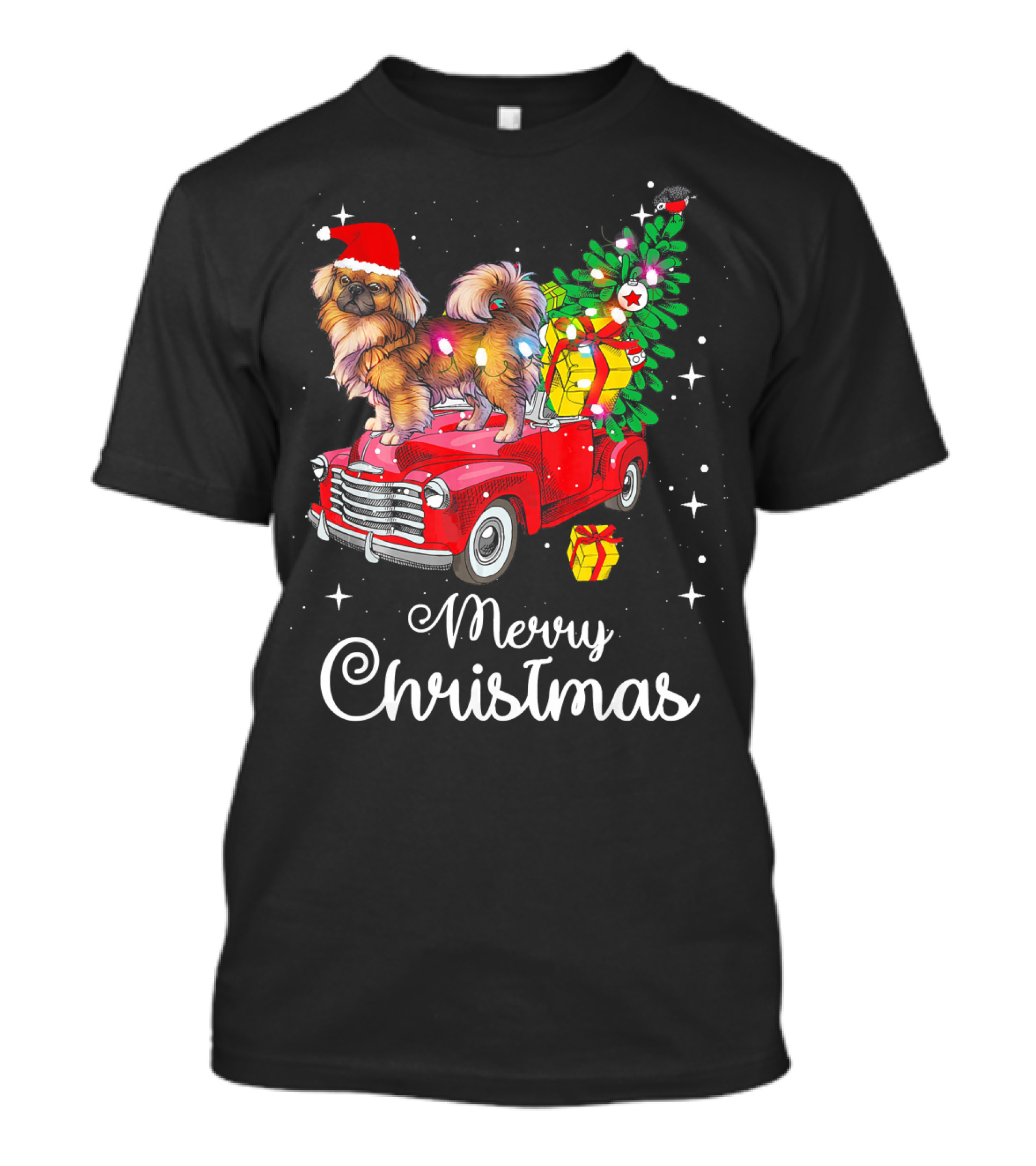 Merry Christmas Pekingese Rides Red Truck With Santa Hat And Holiday Gifts T-Shirt