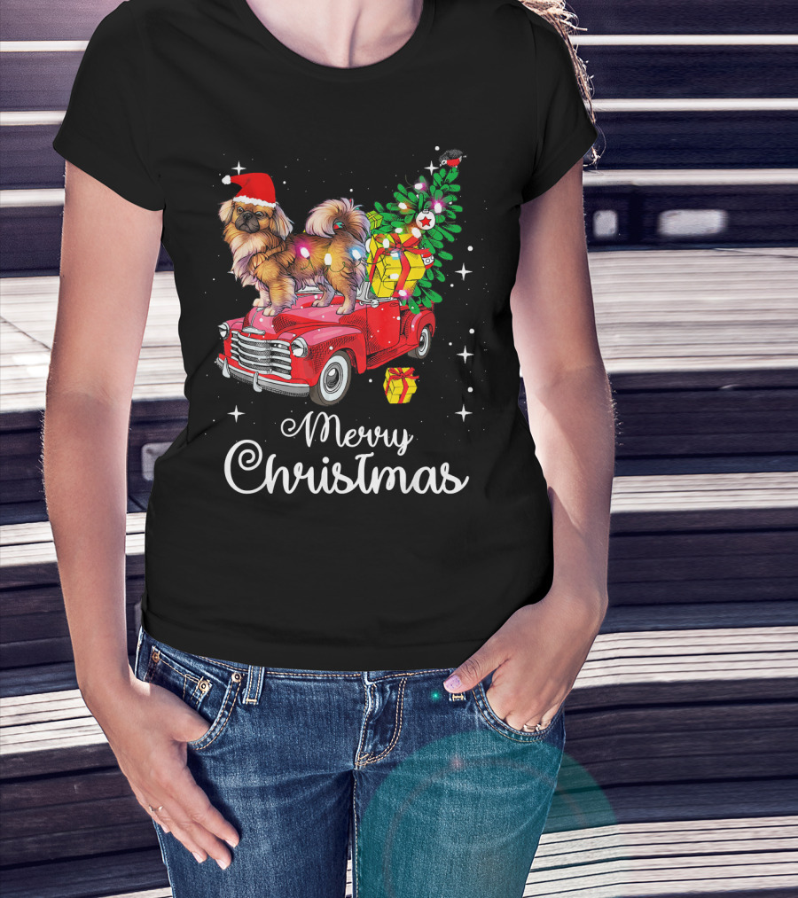 Merry Christmas Pekingese Rides Red Truck With Santa Hat And Holiday Gifts T-Shirt