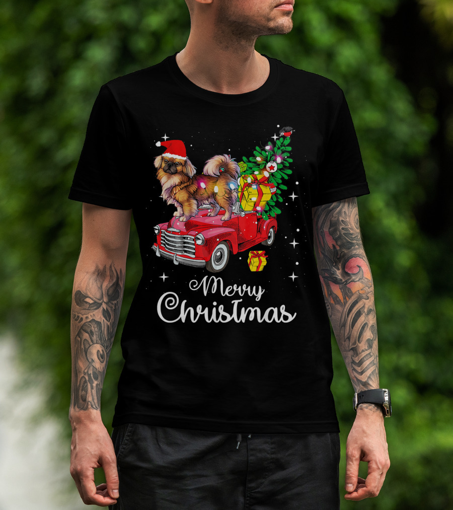 Merry Christmas Pekingese Rides Red Truck With Santa Hat And Holiday Gifts T-Shirt