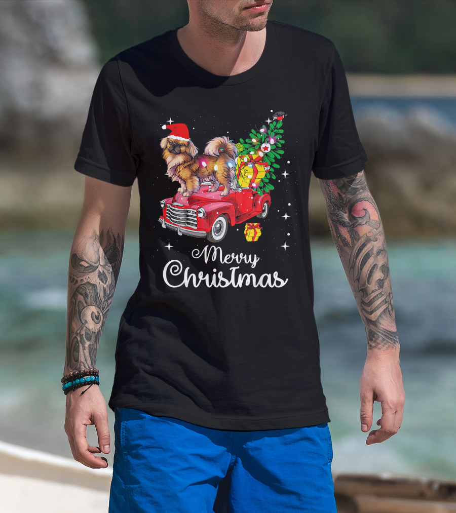 Merry Christmas Pekingese Rides Red Truck With Santa Hat And Holiday Gifts T-Shirt