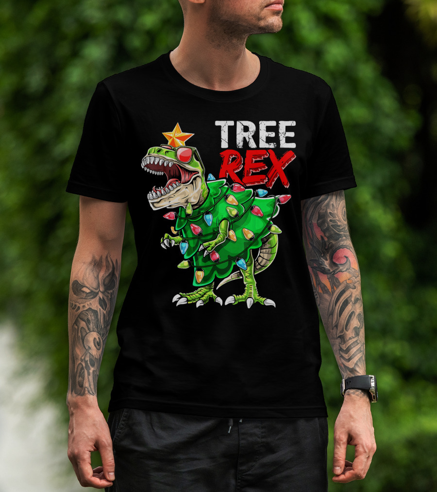 Tree Rex Dinosaur Christmas Tree With Festive Lights And Star T-Shirt