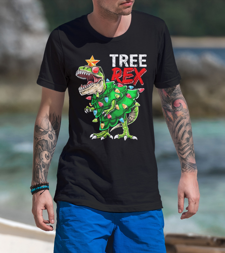 Tree Rex Dinosaur Christmas Tree With Festive Lights And Star T-Shirt