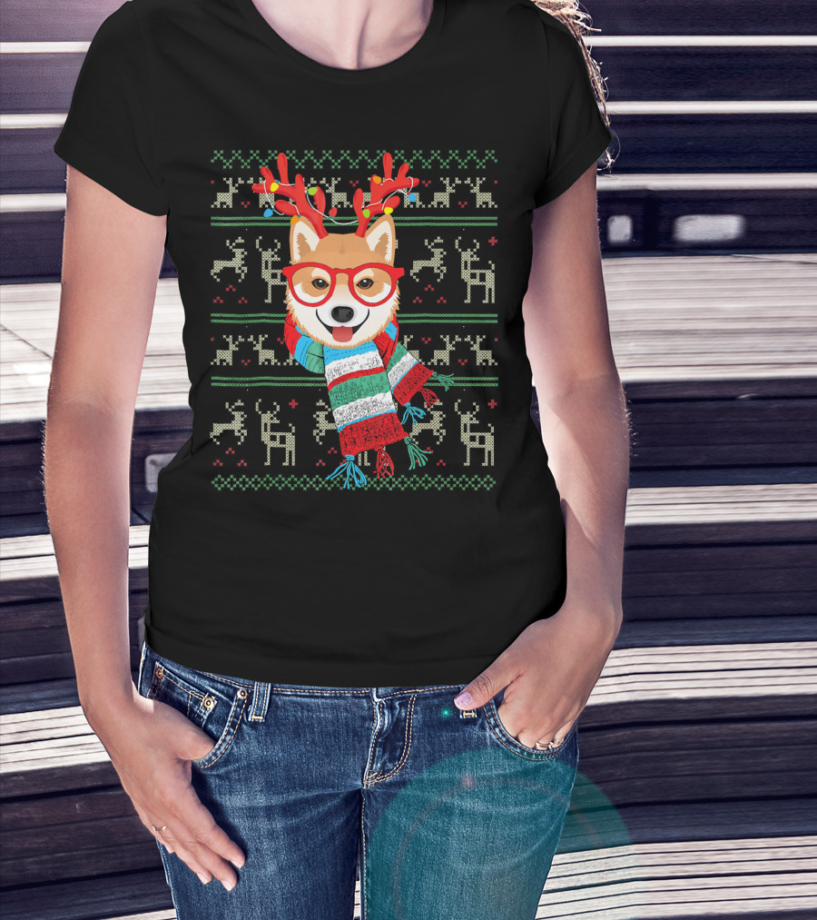 Shiba Inu With Reindeer Antlers And Festive Scarf Lights T-Shirt