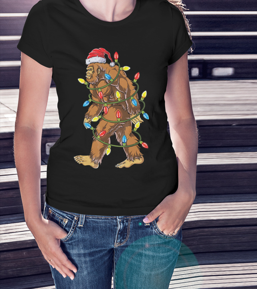 Bigfoot Santa Wrapped In Christmas Lights T-Shirt