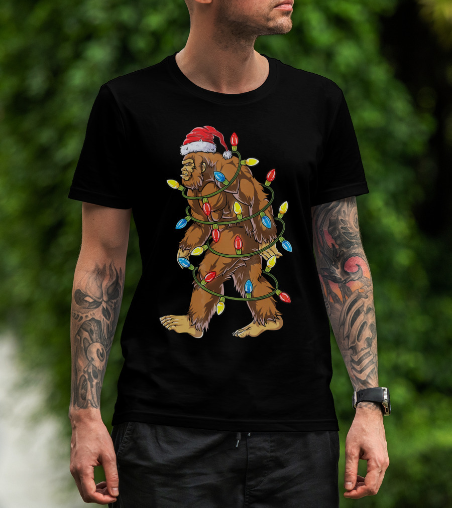 Bigfoot Santa Wrapped In Christmas Lights T-Shirt