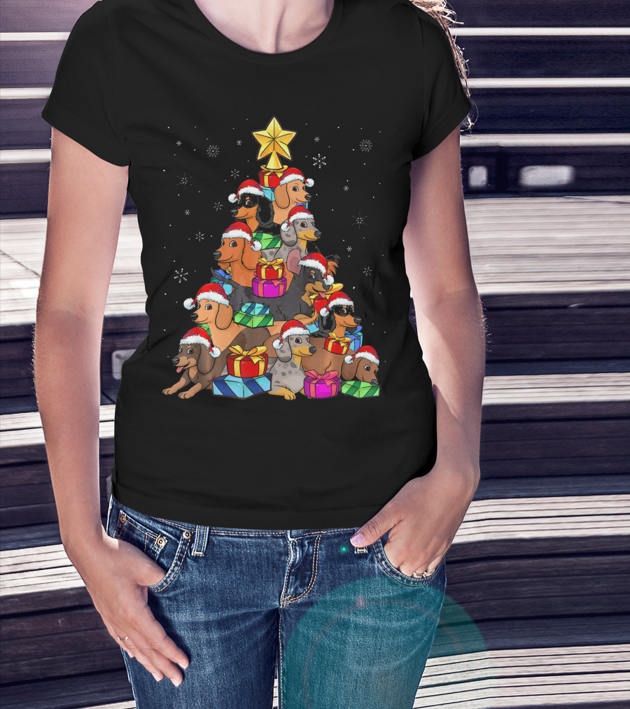 Dachshund Christmas Tree With Santa Hats And Gifts In Snowfall T-Shirt