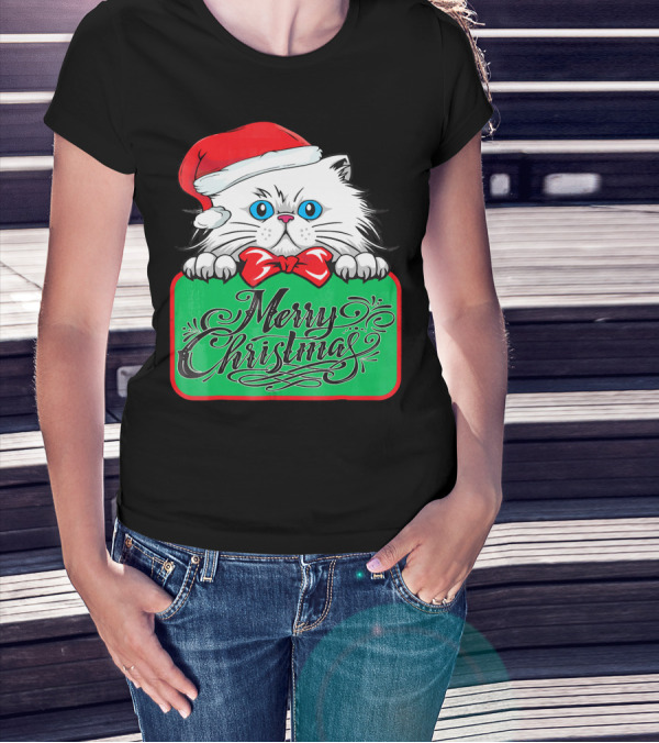 Merry Christmas Cute Cat With Santa Hat And Bow Tie T-Shirt