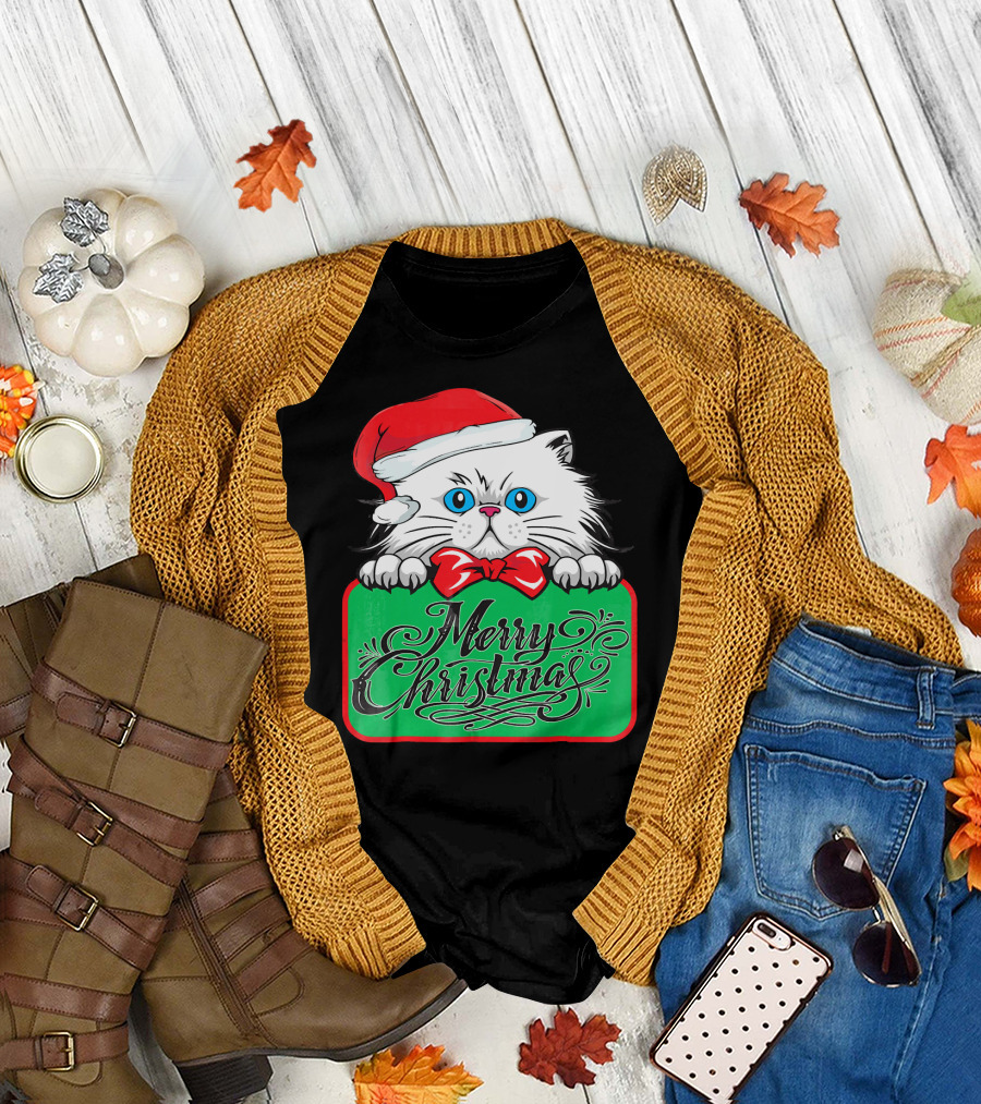 Merry Christmas Cute Cat with Santa Hat and Bow Tie T-Shirt
