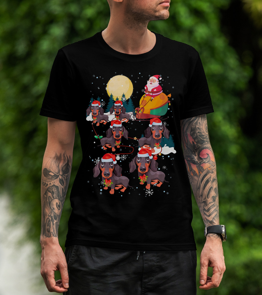 Santa Riding Sleigh With Dachshund Reindeer Under Full Moon T-Shirt