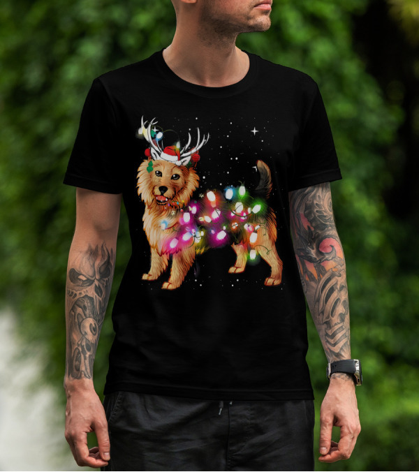 Australian Terrier With Christmas Lights And Reindeer Antlers T-Shirt