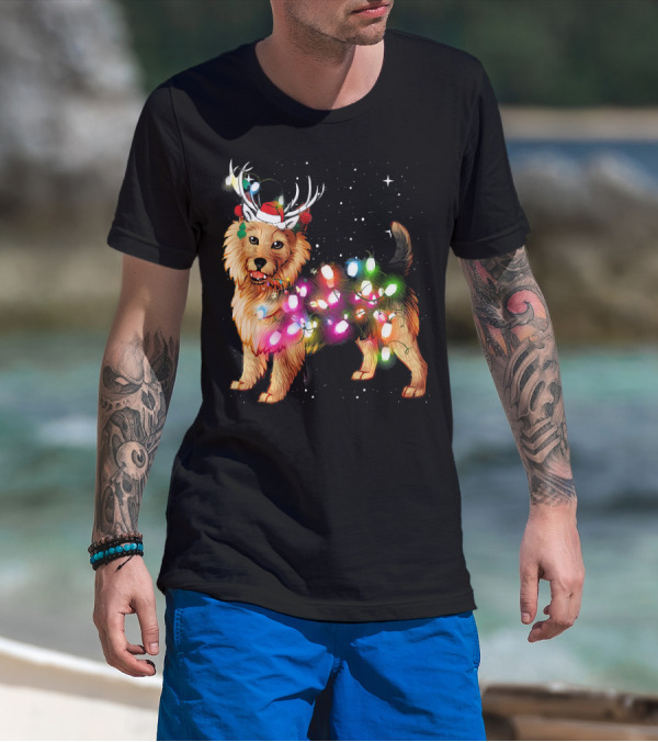 Australian Terrier With Christmas Lights And Reindeer Antlers T-Shirt