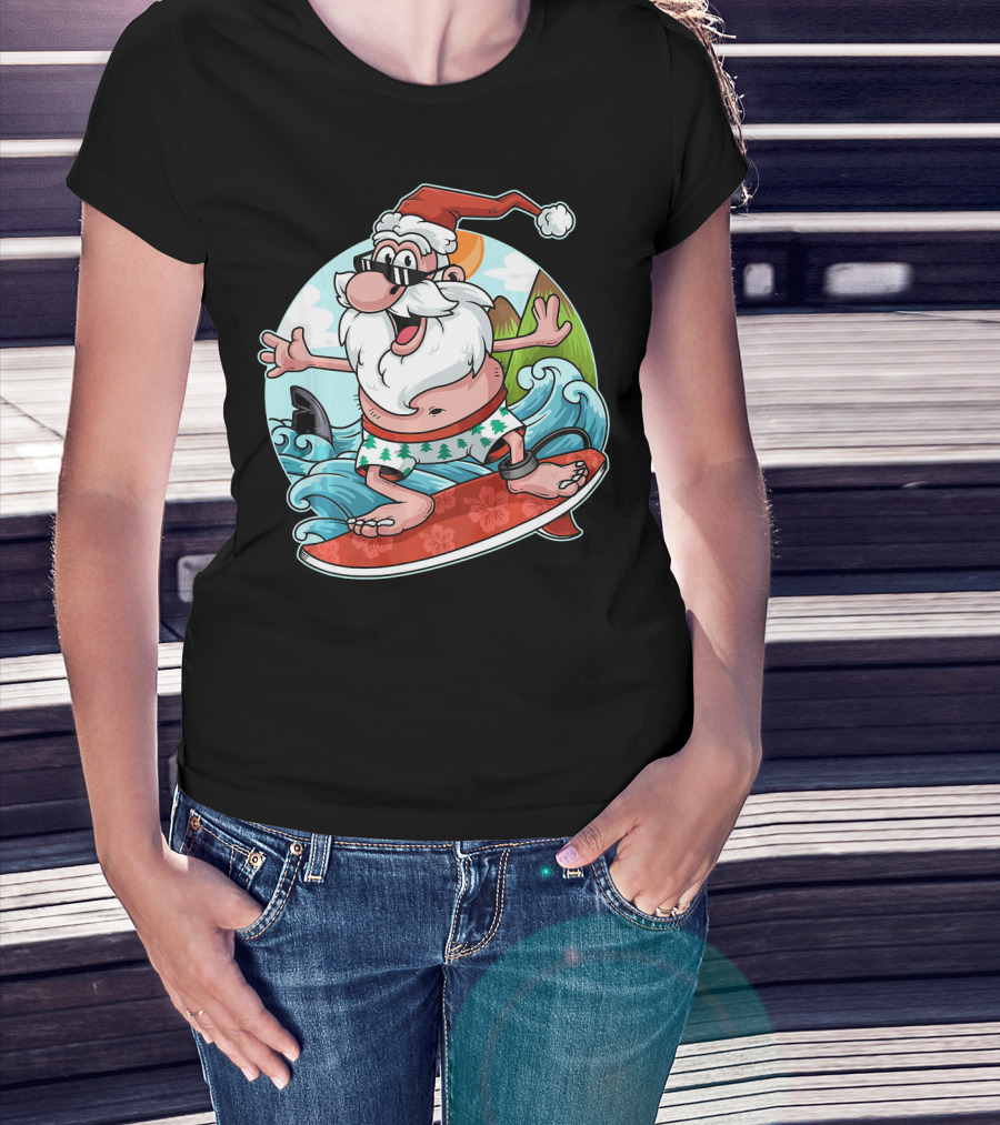 Surfing Santa Riding Waves Christmas In July Tropical Fun T-Shirt
