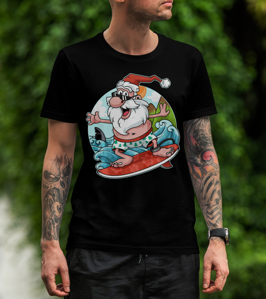 Surfing Santa Riding Waves Christmas In July Tropical Fun T-Shirt