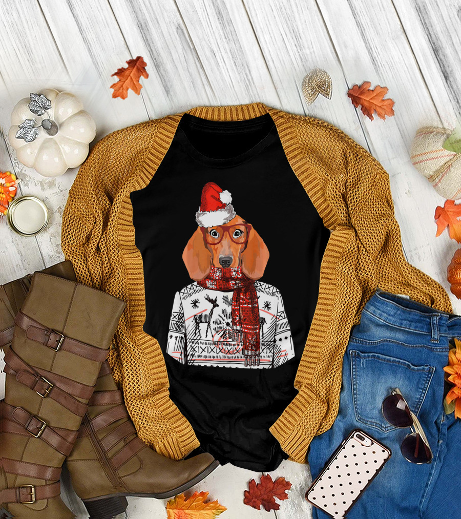 Dachshund Dog Santa Hat Funny Merry Christmas T-Shirt