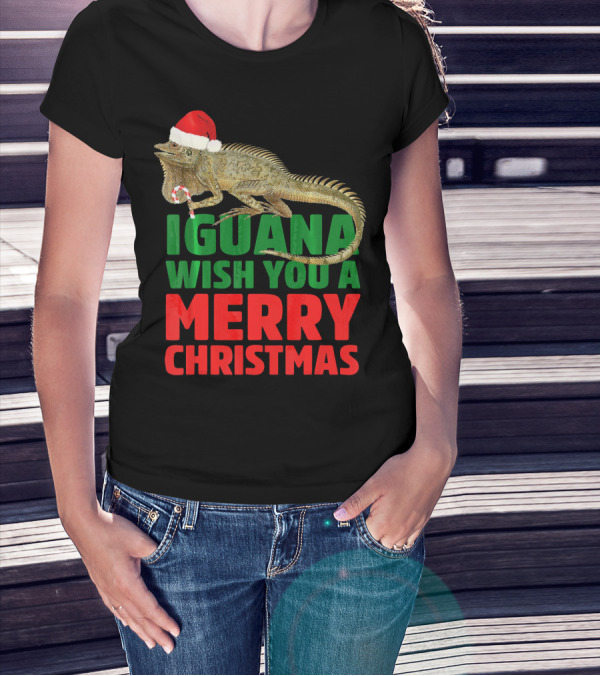 Iguana Wish You A Merry Christmas Santa Hat Candy Cane T-Shirt