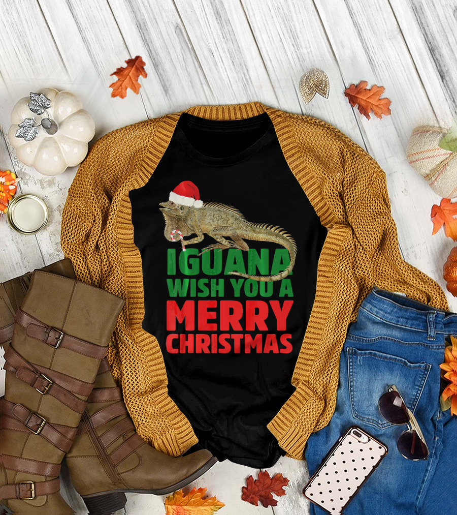 Iguana Wish You A Merry Christmas Santa Hat Candy Cane T-Shirt