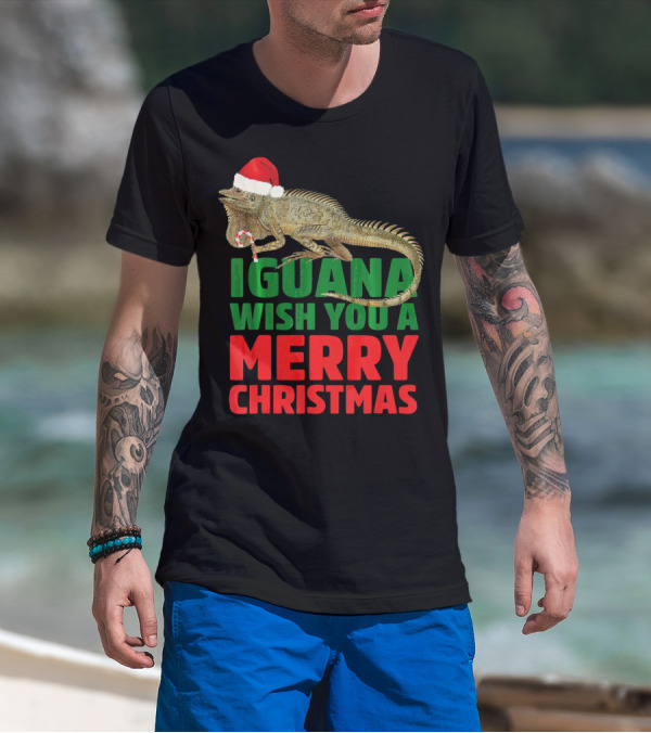 Iguana Wish You A Merry Christmas Santa Hat Candy Cane T-Shirt