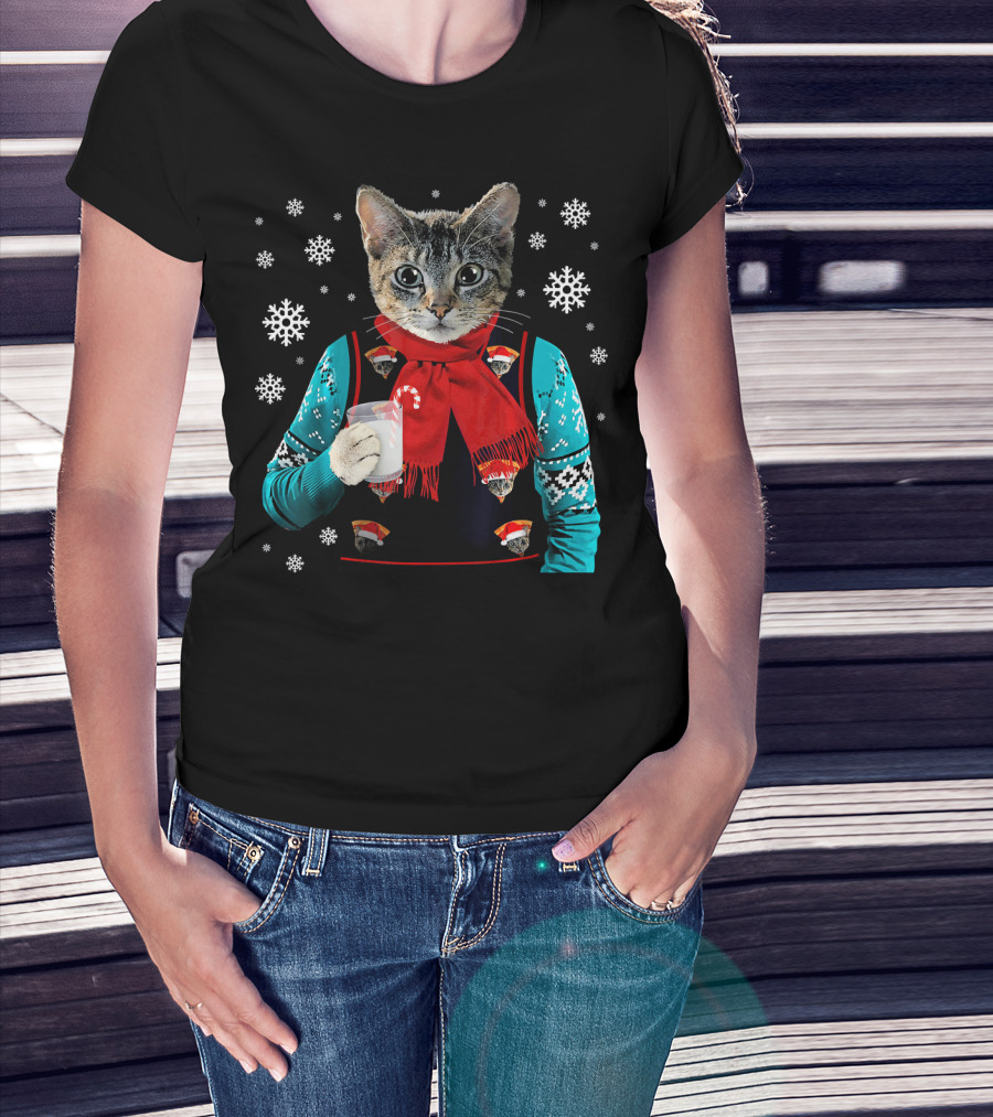 Hipster Cat Wearing Festive Sweater With Red Scarf And Holding Milk T-Shirt