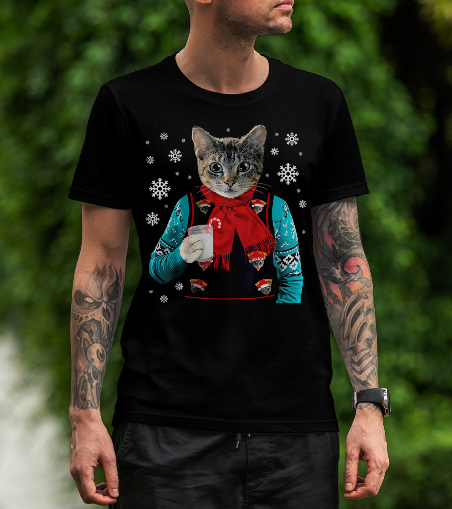 Hipster Cat Wearing Festive Sweater With Red Scarf And Holding Milk T-Shirt