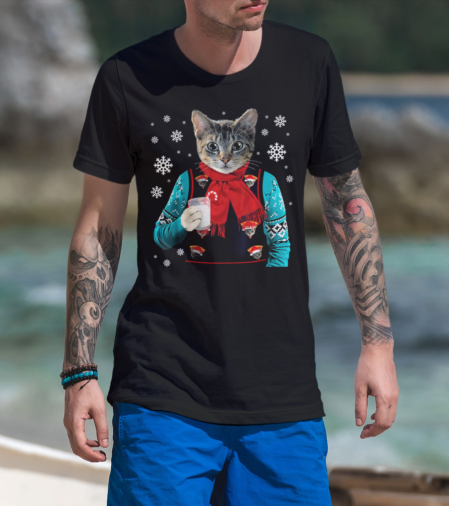 Hipster Cat Wearing Festive Sweater With Red Scarf And Holding Milk T-Shirt
