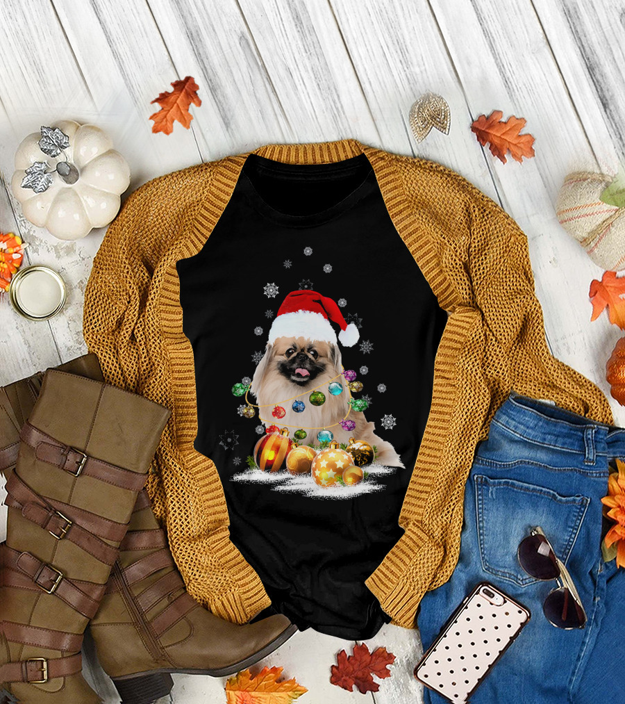 Pekingese Christmas Dog Lights with Santa Hat and Snowflakes T-Shirt