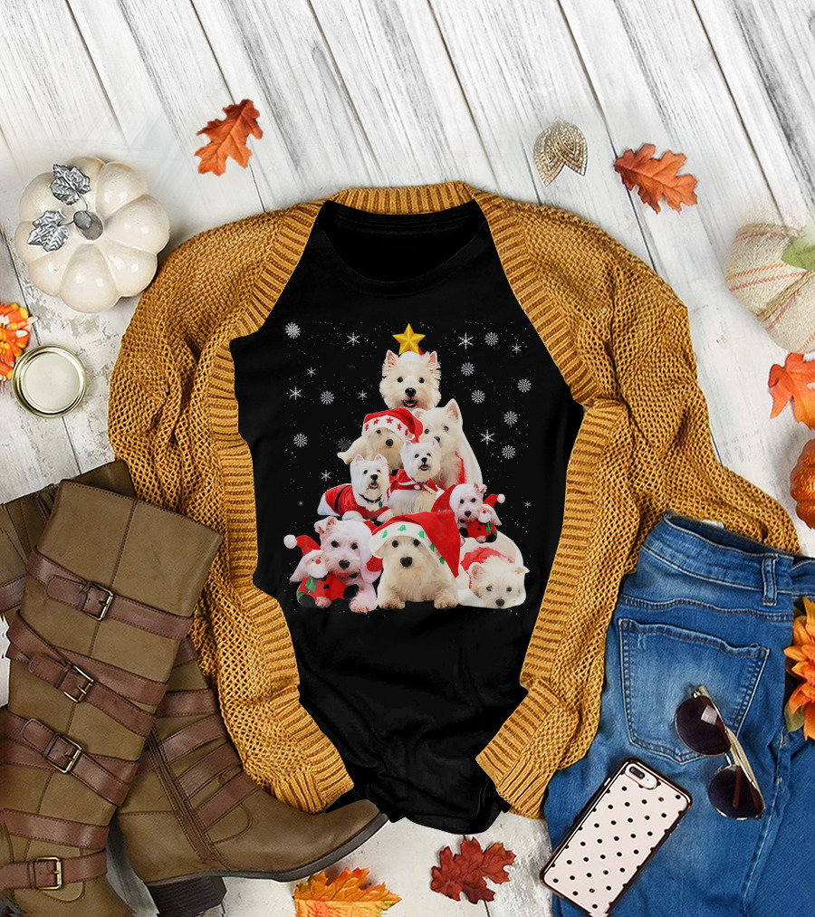 Westie Dogs in Holiday Hats Forming Christmas Tree with Snowflakes and Star T-Shirt